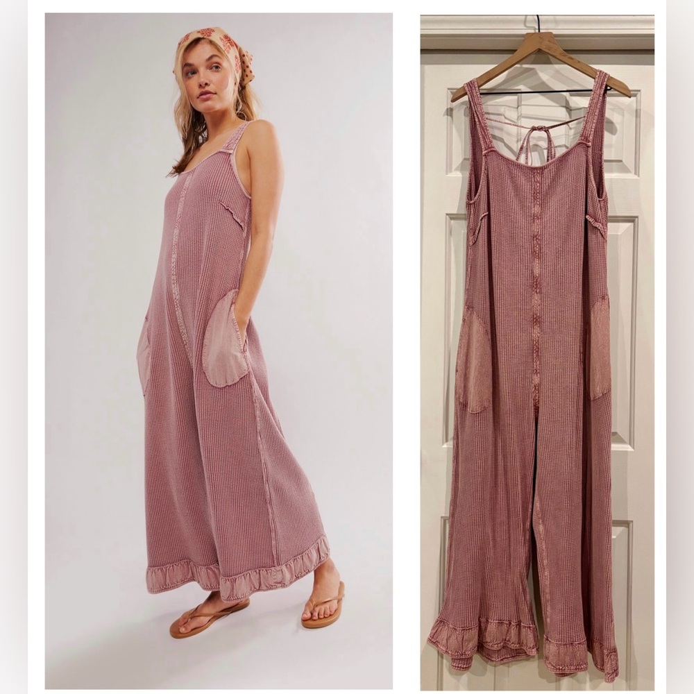 Free People FP One Callie One-Piece | Waffle Overalls | Pink / Mauve | XL | EUC